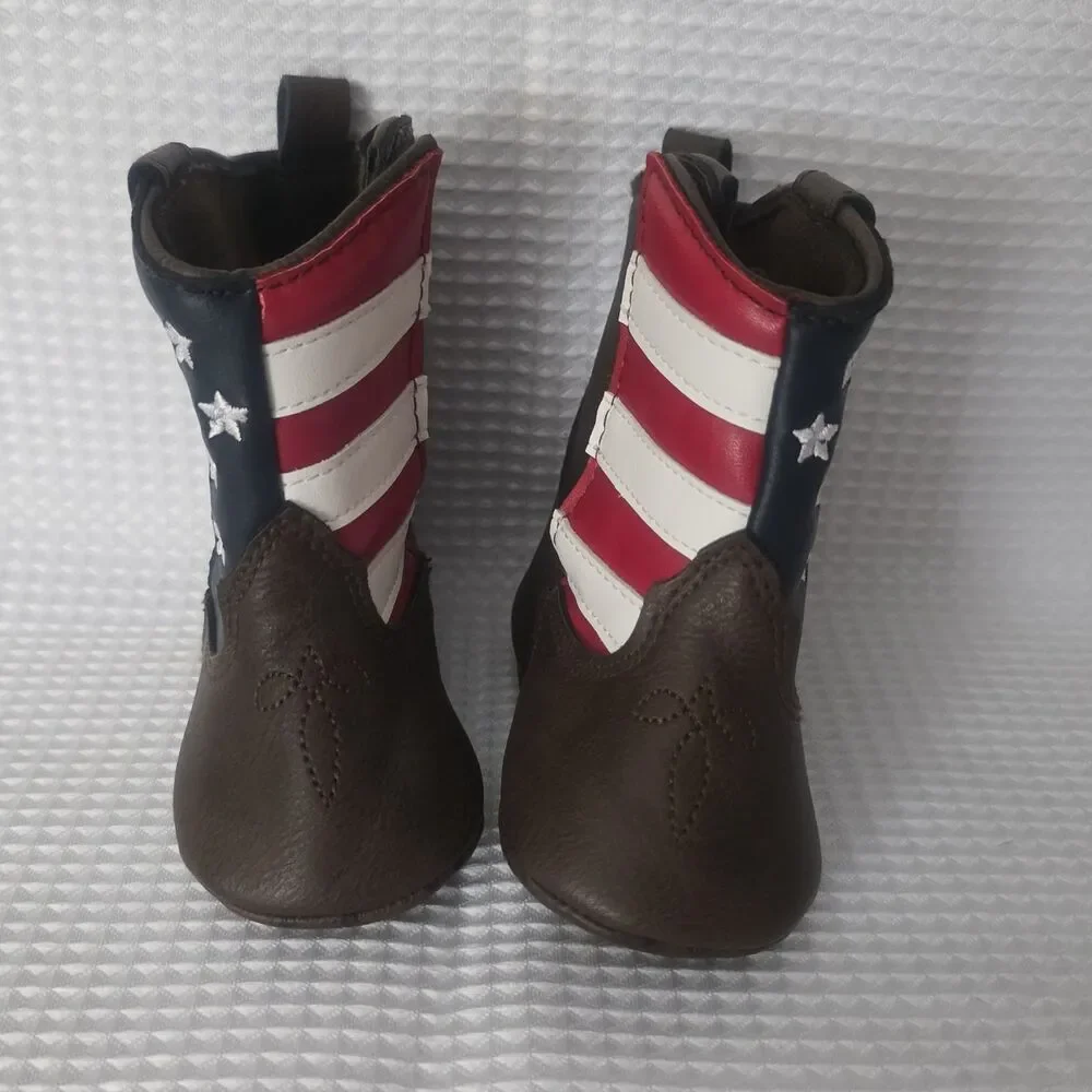 Rising Star Brown Faux Leather Stars & Stripes Flag Boots Booties 6-9m + Sandals